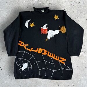 Vtg Halloween Fall Witch Spooky Spider Embroidered Knit‎ Jumper Sweater Sz S
